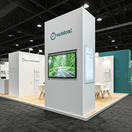 Large TV screen on podium stand at a corporate conference stage